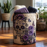 Calavera y rosas moradas | Cesta para la colada acolchada